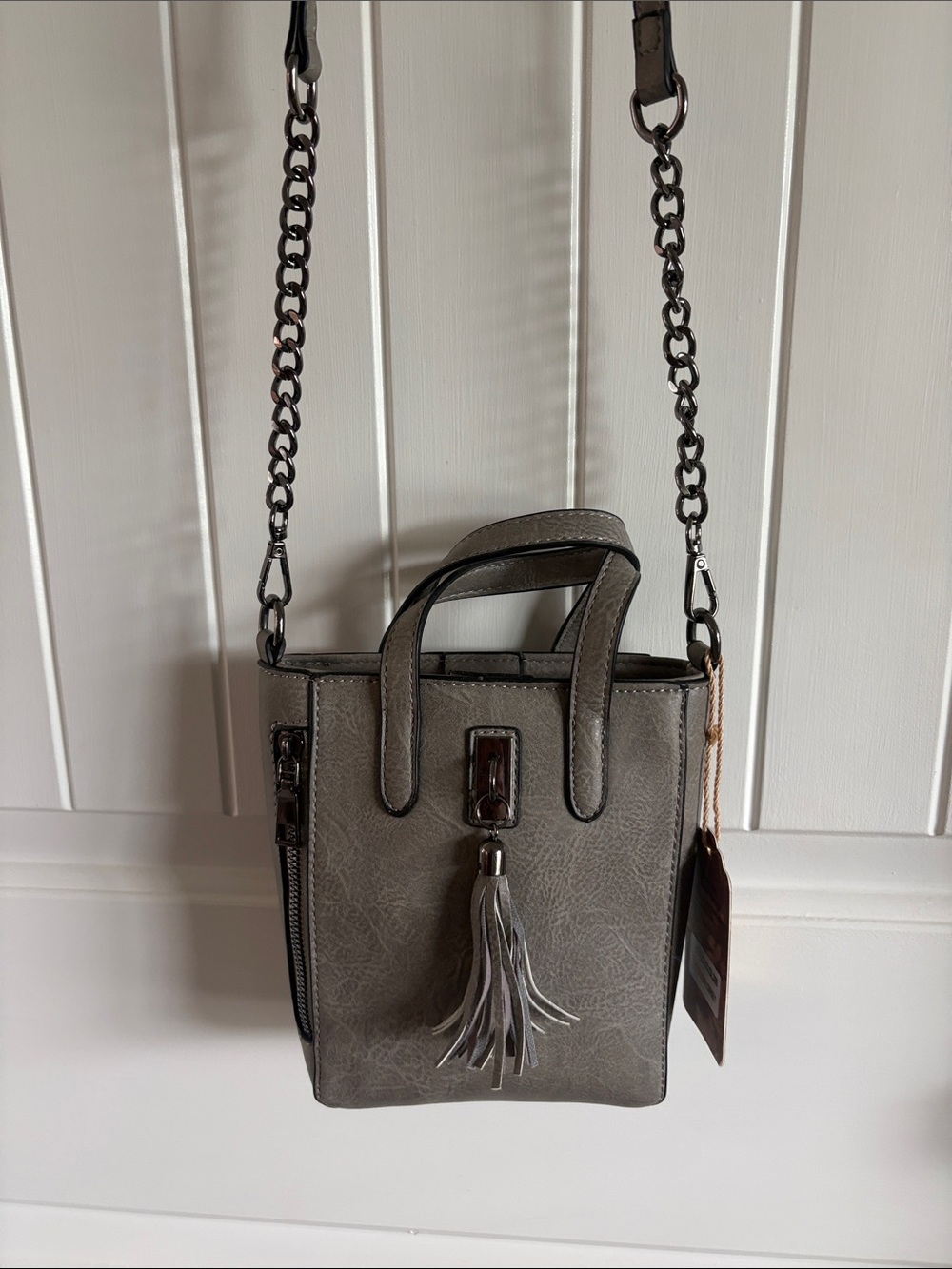 Gray Leatherette Crossbody Bag with Tassel Accent